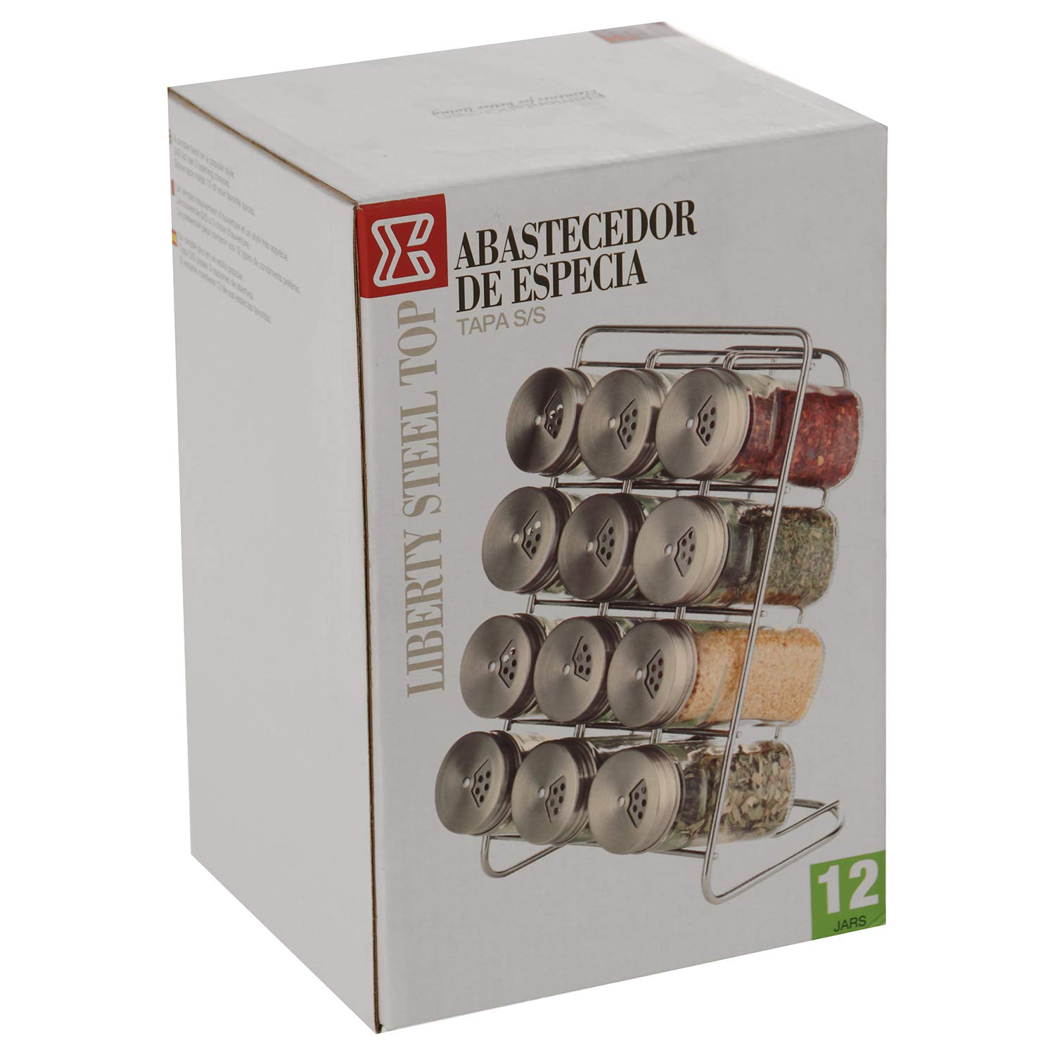 DRW Lot de 12 Pots à épices en Verre et Acier Inoxydable avec Support en métal 14 x 15 x 22 cm 4 x 9,5 cm