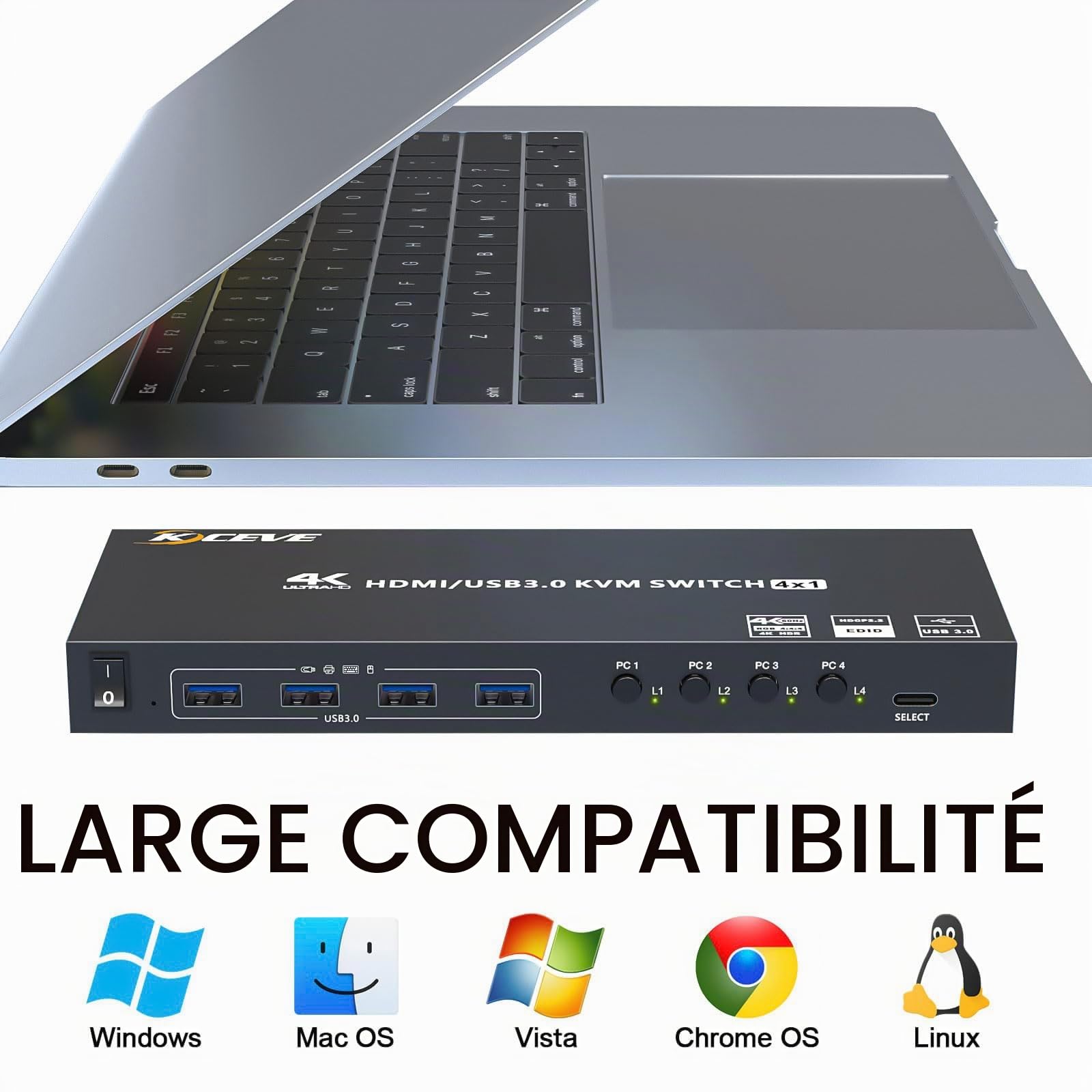 Switch KVM USB 3.0 HDMI 4 PC 1 Moniteur, KVM Switch 4 Ports 4K@60Hz EDID Simulé, Commutateur KVM Partage 4 Périphériques USB 3.0 Souris Sans Fil Clavier Imprimante, avec 5 Câbles et Wired Remote
