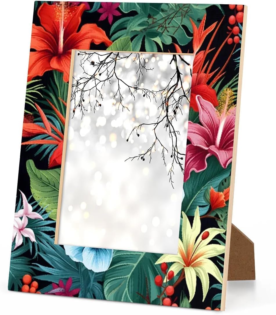Tropical Hibiscus Floral Hawaii Palm 5x7 Picture Frame, Photo Frame 5x7 for Wall Hanging and Tabletop Display, Photo Picture Frame for Vertical or Horizontal Display