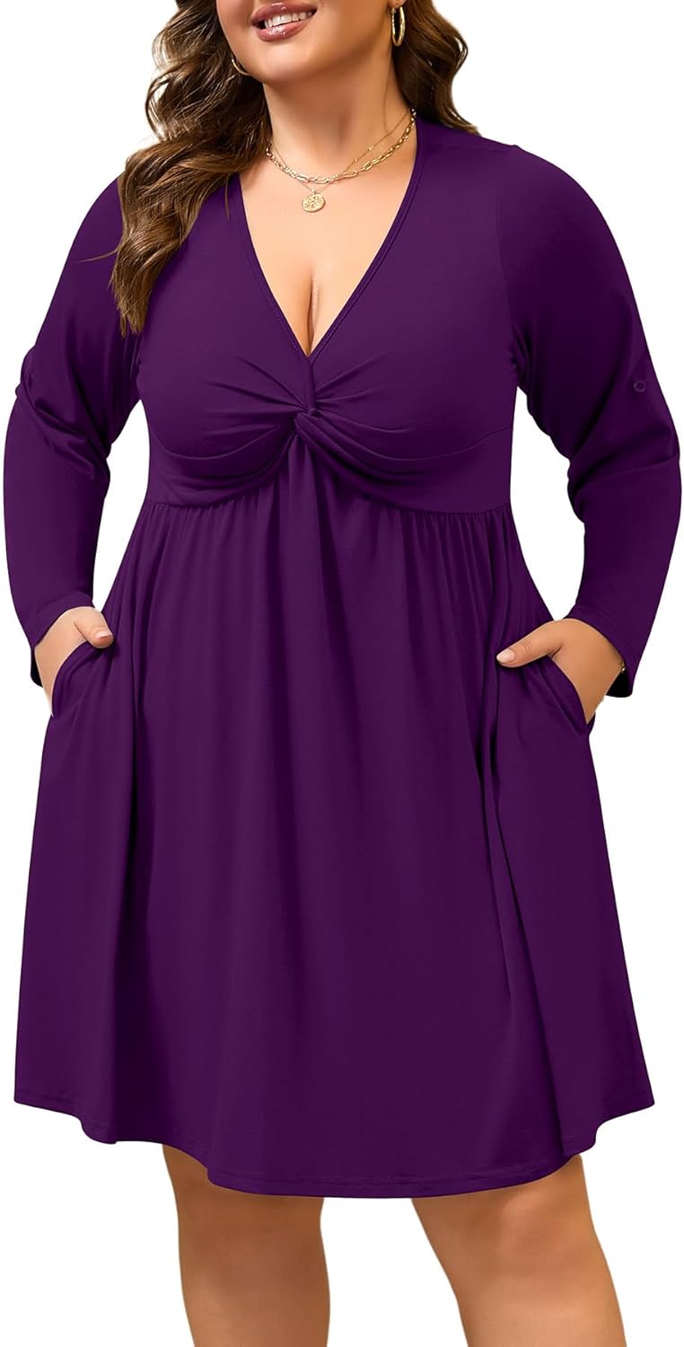 Womens Plus Size Dress Casual Deep V Neck Twist Knot Front Flowy Midi Dresses 2 Pockets Long Sleeve (Purple,4XL)