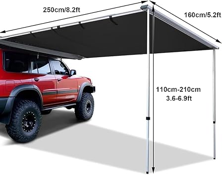 Sun Canopy Awning for Camper Vans, Retractable Car Side Awning, Adjustable Height, UV50+ PU5000mm Waterproof, for SUV Truck Van(Storage Bag Included)(160x250cm/5.2x8.2ft)