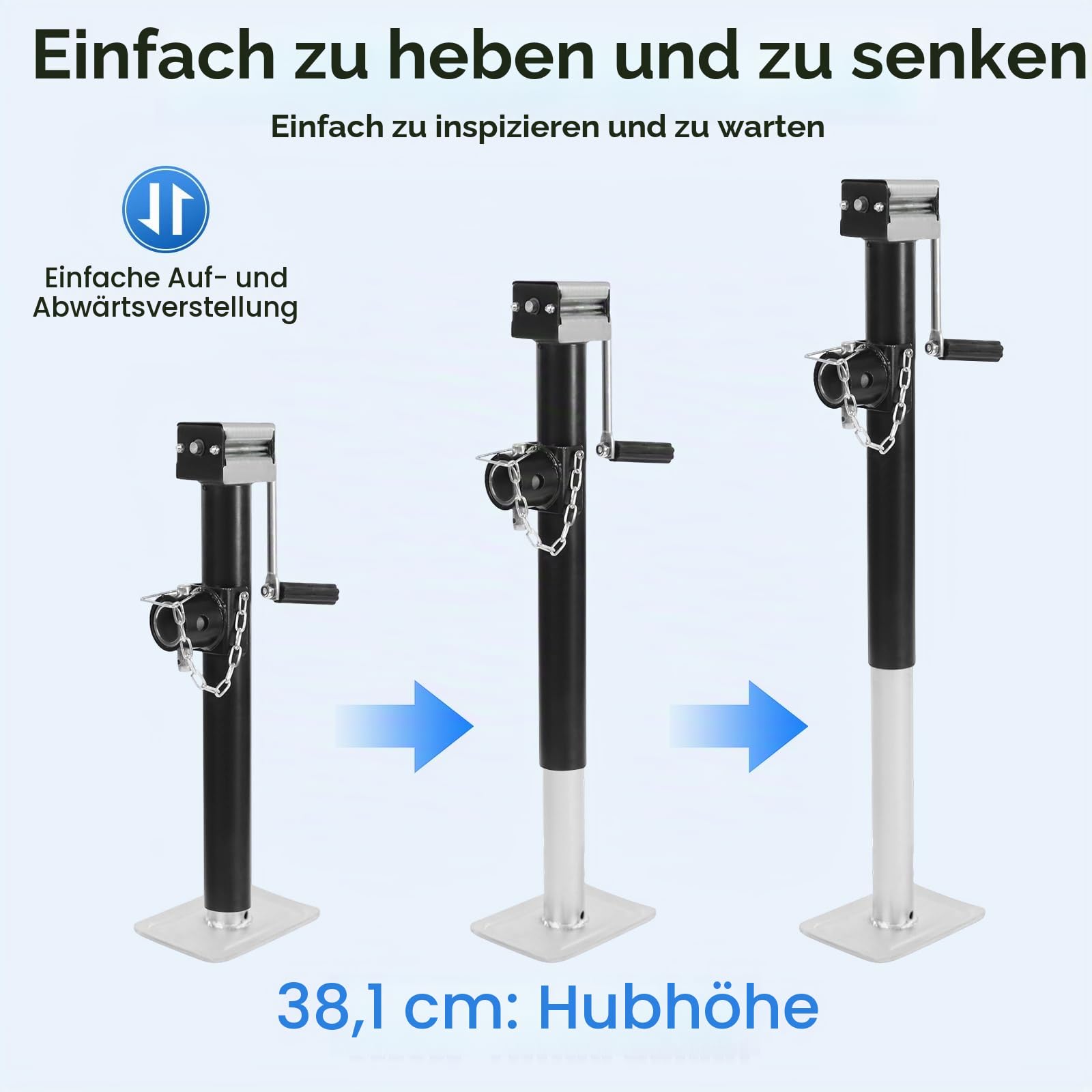 Anhängerstützen Höhenverstellbar, 380 mm Anhänger Stützen bis 5000lbs, Stützlast Ausdrehstütze Kurbelstütz Verzink für Anhängern, Wohnwagen, Yachten, Wohnmobilen und Anderen