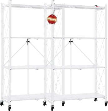 DEANIC 4 Tier Foldable Storage Shelves with Wheels, Large Capacity Shelving Unit, Freestanding Metal Wire Shelf Rack, No Assembly Organizer Rack for Garage Kitchen, Basement, Pantry 2, White