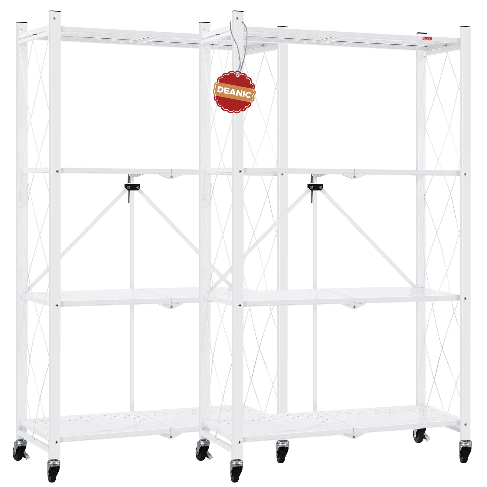 DEANIC 4 Tier Foldable Storage Shelves with Wheels, Large Capacity Shelving Unit, Freestanding Metal Wire Shelf Rack, No Assembly Organizer Rack for