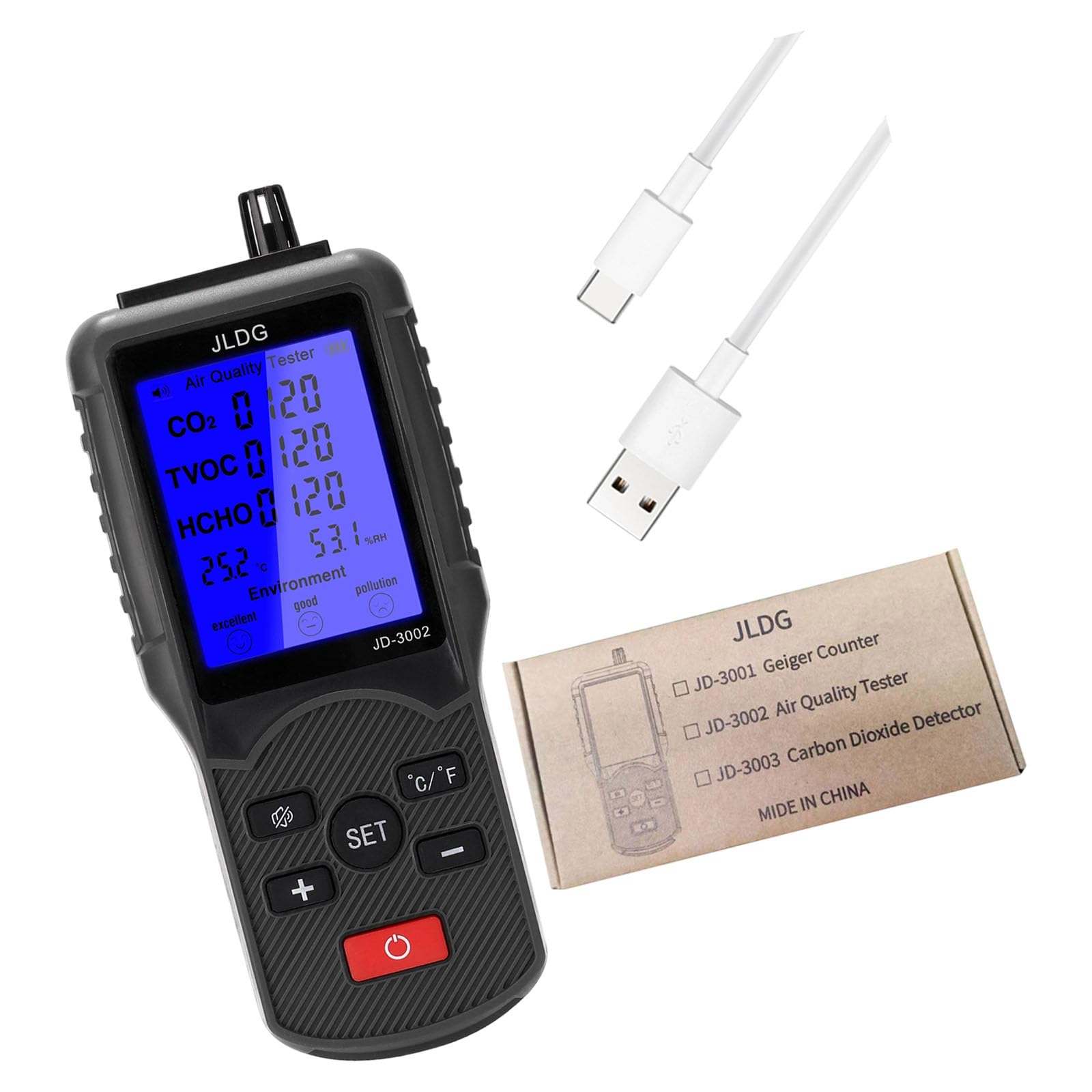 Air Monitors Indoor, CO2 TVOC, HCHO, Humidity & Temperature Detectors Large Display for Home School Air Monitor Indoor