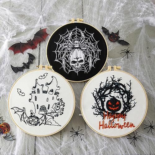 Image of Armindou Halloween Embroidery Starter Kits for Beginners Adults, Stamped Cross Stitch Kit for Adult Beginner, Needlepoint Hand Embroidery Kit with Pattern, 3 Embroidery Hoop, 3 Set Embroidery Supplies