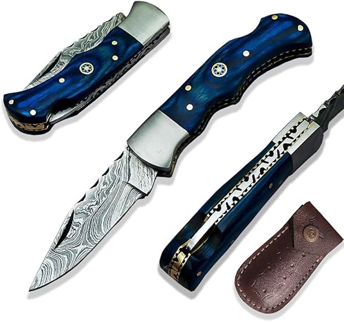 Miniatura 1 de Cuchillo de bolsillo plegable de Damasco forjado a mano con funda de cuero, cuchillo plegable de bloqueo trasero de Damasco hecho a mano, cuchillo