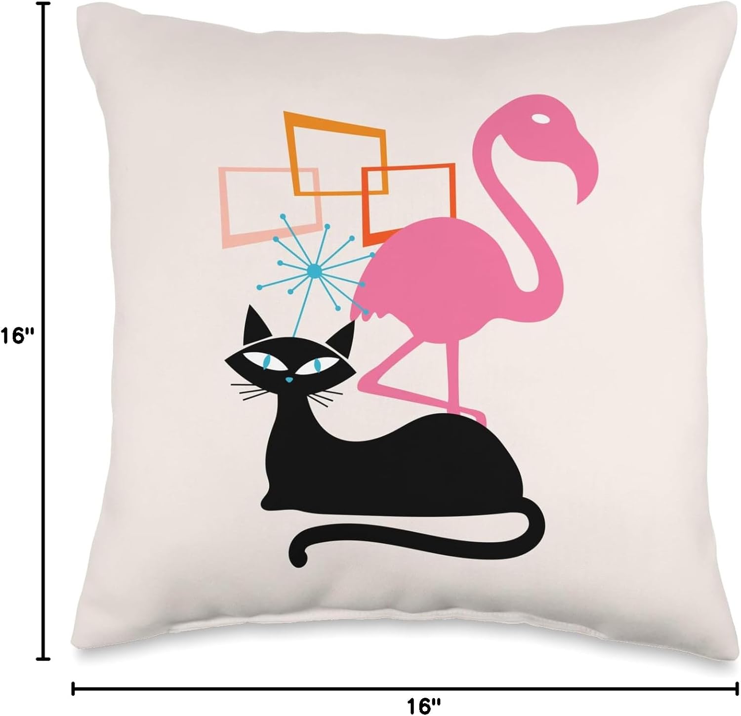 Flamingo and Cat Midcentury Mid Century Stardust Modern Throw Pillow