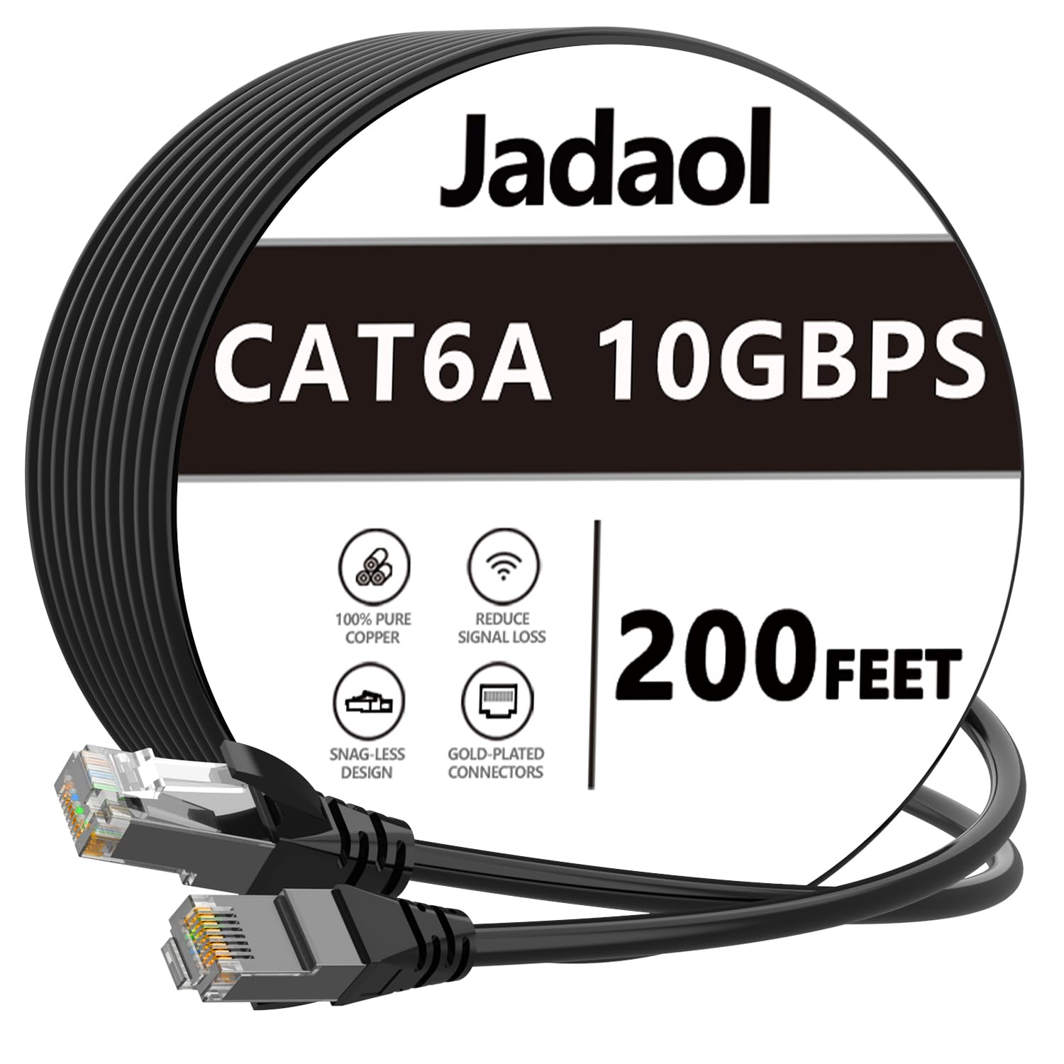 Jadaol Cat6a Ethernet Cable 200 ft, Slim Round 28AWG, 10Gbps 550MHz High-Speed Pure Copper RJ45 LAN Cable, Indoor Snagless Flexible Internet Network Patch Cord for Router, Modem, Switch, Gaming, Black