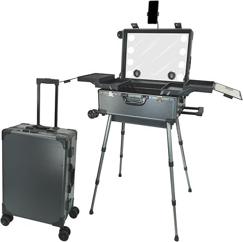 RUKEJUNE Estuche de maquillaje rodante de 24 pulgadas con espejo y luces, caja de viaje grande para cosméticos, estaciones de peluquería móviles con