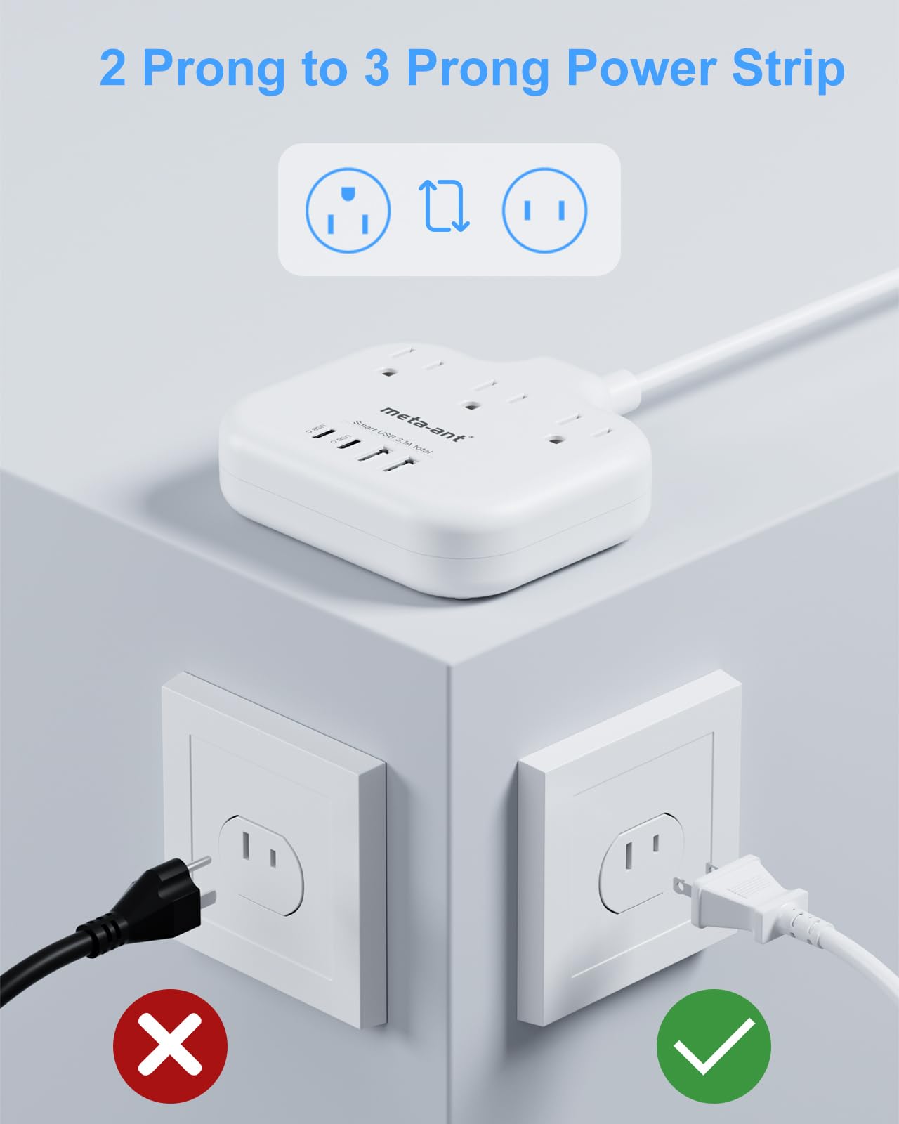 2 Prong Power Strip with USB C, meta-ant 2 Prong to 3 Prong Outlet Adapter, Two Prong Power Strip with 3 Outlets & 4 USB(2 USB-C), 4ft Extension Cord 2 Prong Outlet, Polarized, for Old House, White