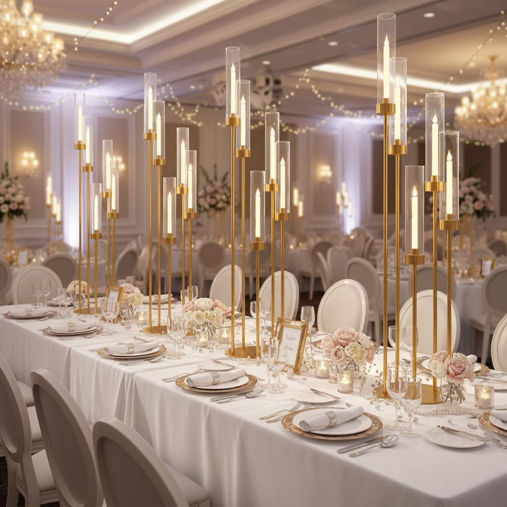Chandelier doré de 100 cm, bougeoir à 5 Bras avec Abat-Jour en Acrylique pour Table de Mariage, fête d'anniversaire, décoration d'intérieur, Convient aux Bougies Coniques LED