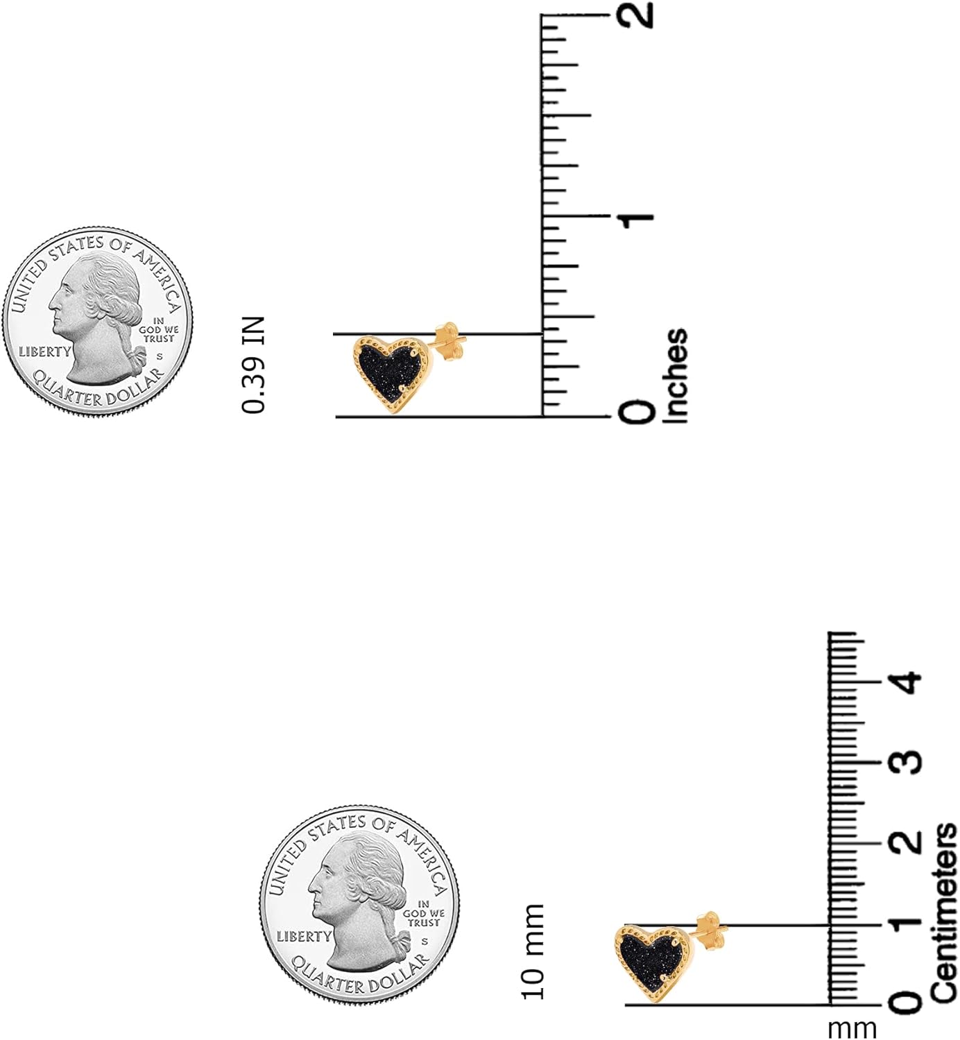 LeCalla 925 Sterling Silver Heart Earrings for Women | 14K Gold-Plated Created Black Druzy Heart Stud Earrings | Women's Love Heart Shaped Stud Earring 10MM
