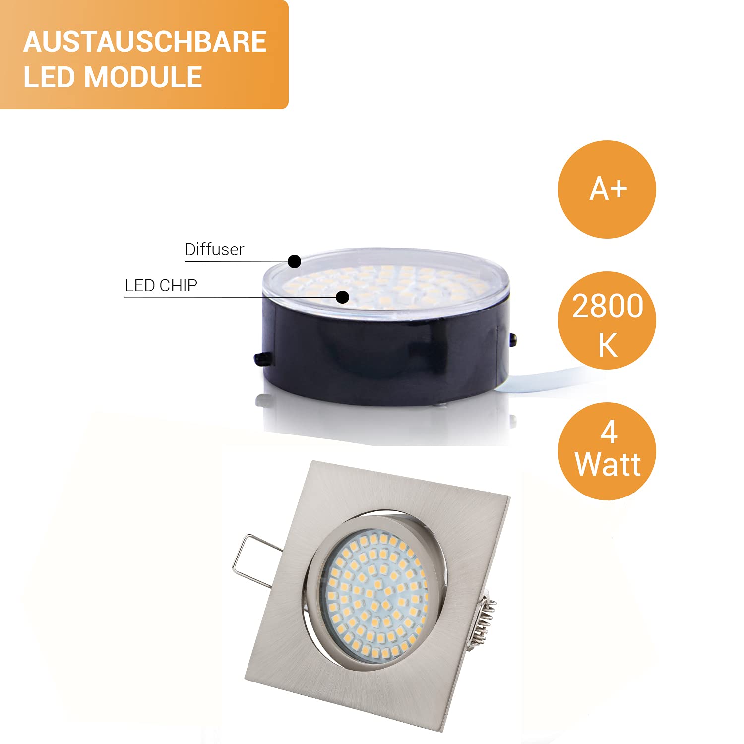 TEVEA Ultra Flach LED Einbaustrahler Warmweiß - LED Modul austauschbar 3.5W 230V Edelstahl Optik Eckig Schwenkbar Einbauspots, 5 Stück Einbauleuchten (Warmweiss)