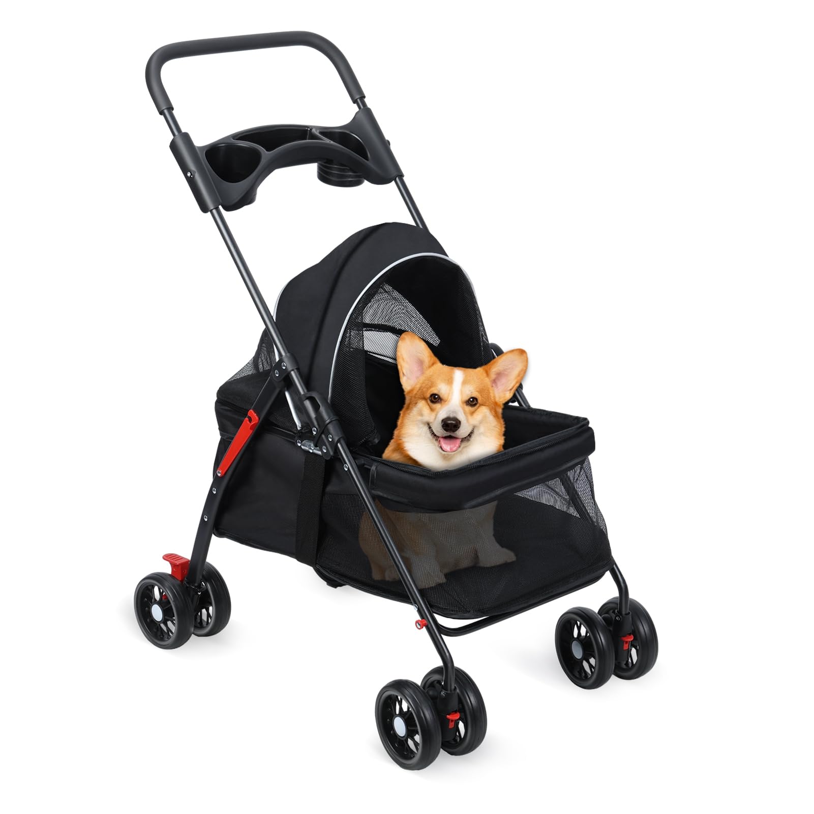 mufsceku Dog Strollers for Medium Small Pet,4 Wheels Pet Folding Stroller with Cup Holder,Breathable Mesh,Lightweight Jogger Strollers,Storage Basket,Cozy House Black
