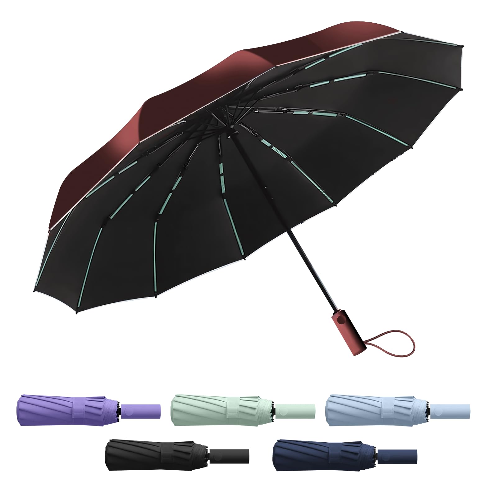 Auto Folding Umbrella, UV Umbrella with UPF50+, 12-Rib Frame for Wind Resistance, Waterproof Mini Travel Folding Umbrella for Rain and Sun Protection