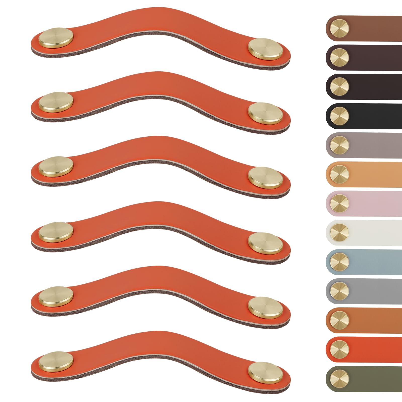 LEREATI 6pcs Leather Drawer Handles Fit to 96mm Cupboard Hole Pitch, Faux Leather Pulls Cabinet Handles, Drawer Knobs for Kitchen, Bathroom, Dresser, Wardrobe (96mm Hole Center, Golden + Orange) — image 1