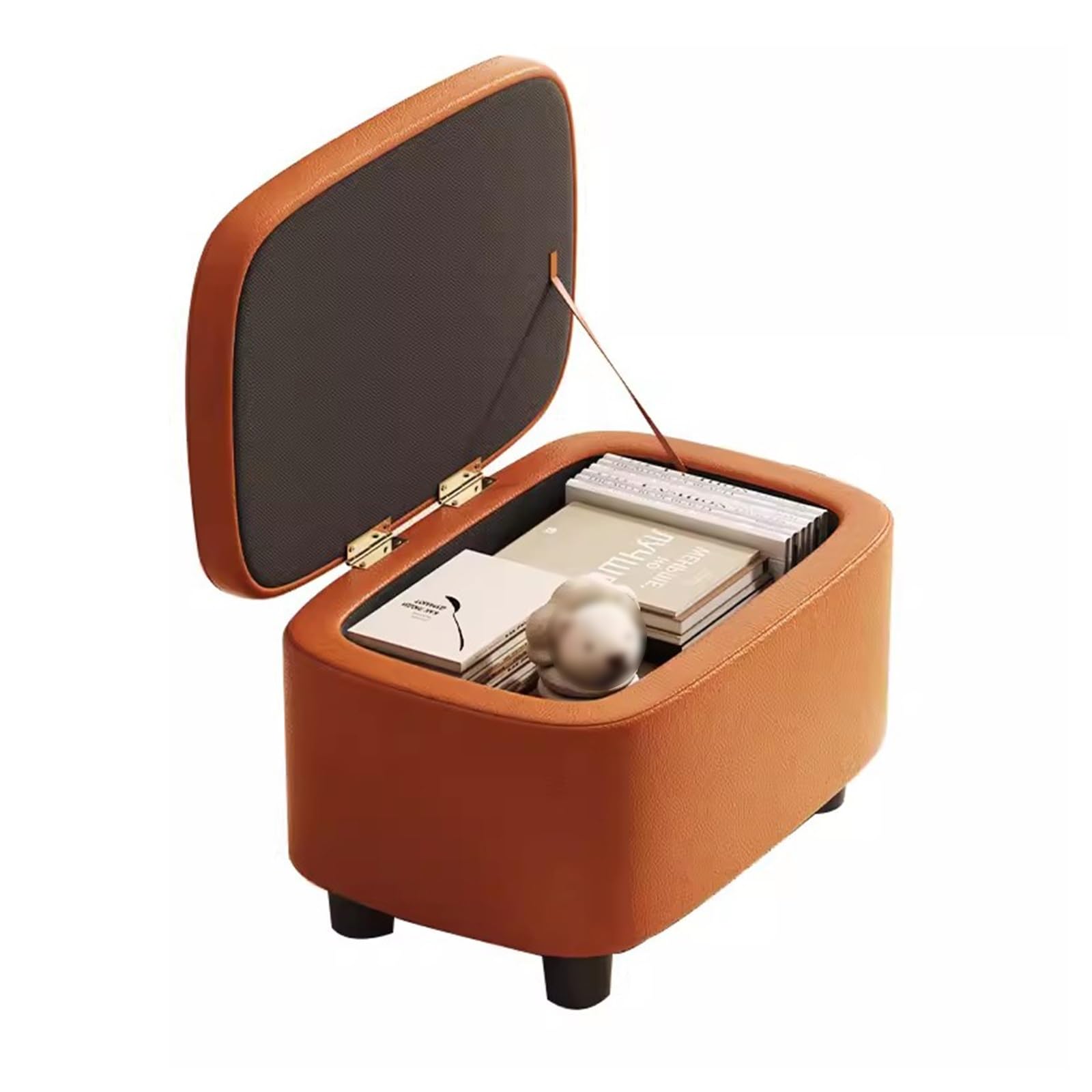 QYMYOZ Multifunctional Footrest Cube with Storage Strong Wooden Frame Leather Upholstered Pouffe Footstool Living Room Foot Stool Toy Box Brown & Orange