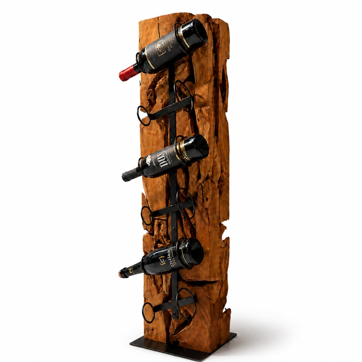 XILON Weinregal Holz | Handgefertigter Weinständer aus Teakholz für 6 Flaschen | Flaschenregal mit Stahlfuß | Modern und nachhaltig Holz Weinregal – 100cm Hoher Weinflaschenhalter