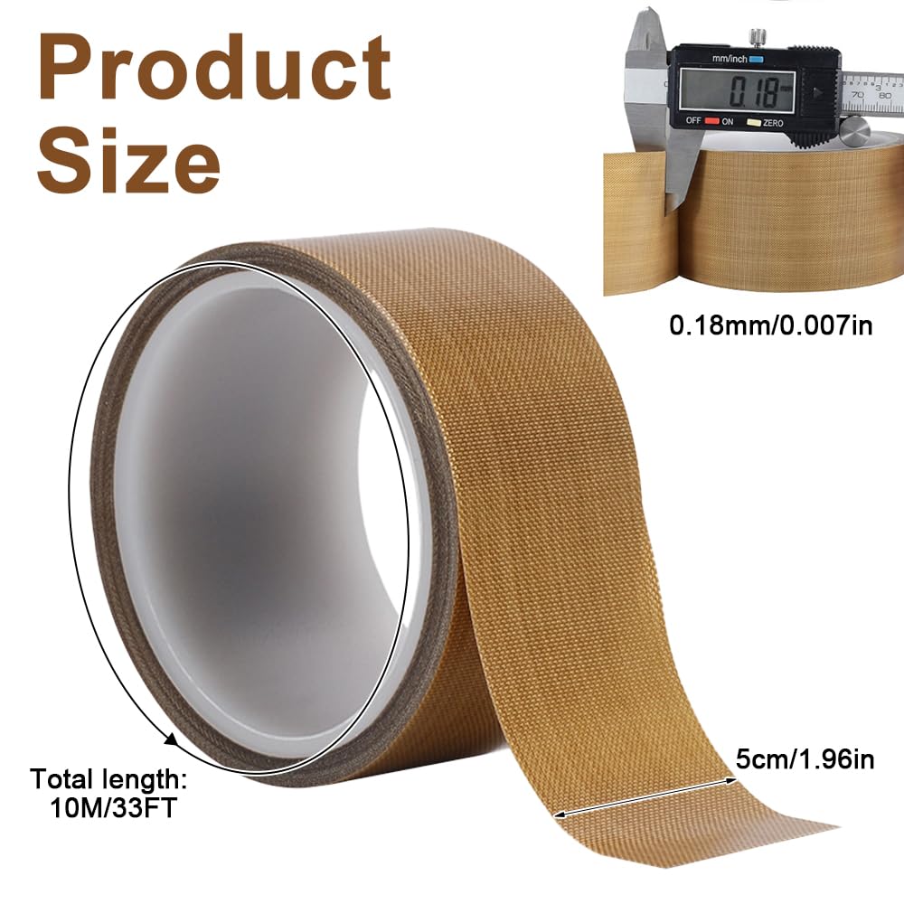 50 mm x 10 m Cinta de Teflón de Alta Temperatura, Cinta Adhesiva Teflón, Espesor 0,18mm, Resistente al Calor Hasta 300℃, Cinta de Tela de Vidrio PTFE Fibra de Vidrio, para Máquina Selladora al Vacío