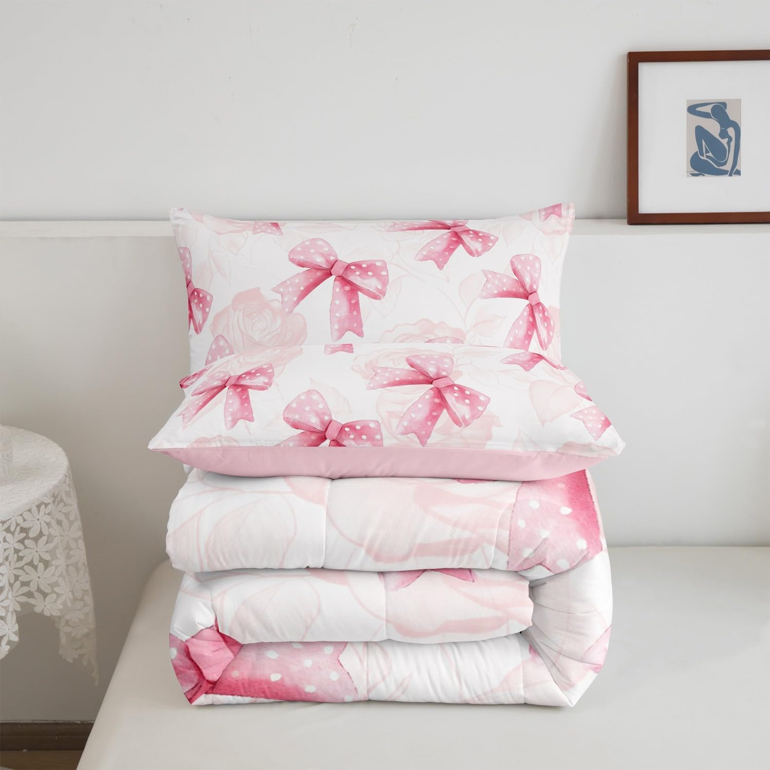 Feelyou Kids Pink Bow Bedding Set Toddler Size, Cute Bowknot Comforter Set Boys Girls Romantic Rose Duvet Insert Teens Bedroom Decor Bed Set 2Pcs