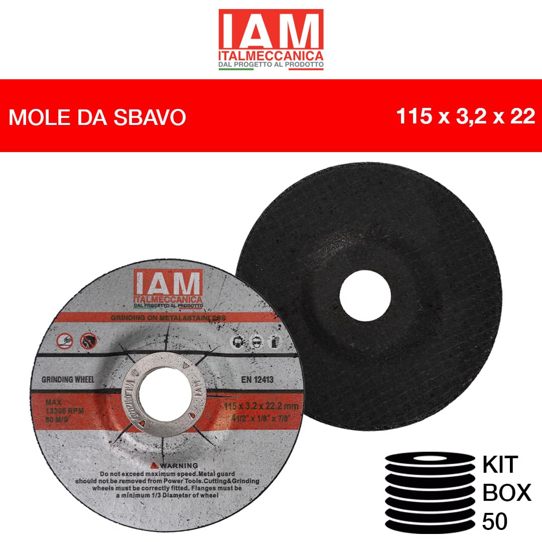 IAM Mola da Sbavo per Smerigliatrice Disco Abrasivo per Levigatura Metallo e Acciaio | Ossido di Alluminio con Rinforzo in Fibra di Vetro Alta Asportazione per Sbavatura e Saldature 115x3,2x22 | 50Pz
