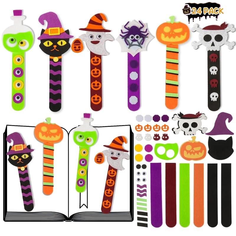 Shemira 24 Pack Halloween Crafts for Kids, Halloween Bookmark Craft for Party Favors, Halloween Trick or Treating Gifts Toys, Halloween Miniatures Prizes for Kids, Halloween School Art Activities
