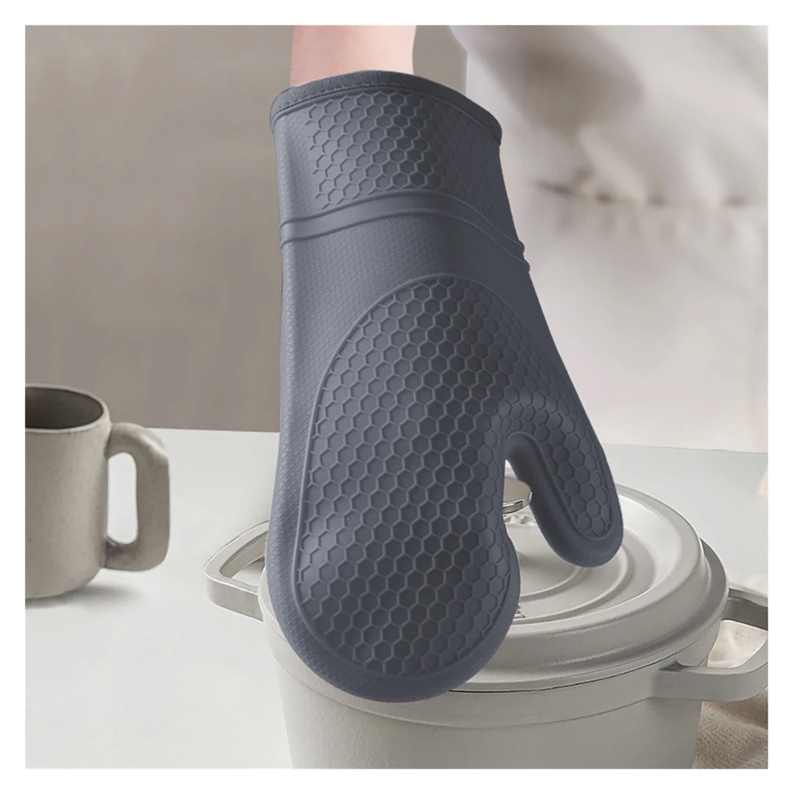 Juego de Manoplas Horno Silicona Resistentes al Calor con Forro algodón Suave, Guantes Gruesos Largos y Flexibles, manopla Cocina(Grey 2PCS)