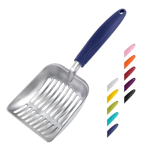 WePet Cat Litter Scoop, Aluminum Alloy Sifter, Kitty Metal Scooper, Deep Shovel, Long Handle, Poop Sifting, Kitten Pooper Lifter, Durable, Heavy Duty, for Litter Box - Small - FLAT Aluminum \ #01 Blue Handle