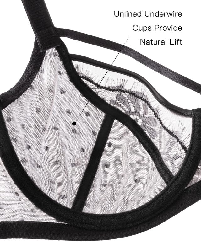 Image of Women's Sheer Lace Bra Unlined Underwire Push Up 34B-40DD | Eyelash trim, floral embroidery, polka-dot mesh, double-layer cups, natural shaping, adjustable straps, breathable feel