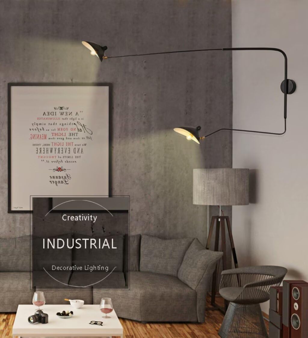 Industrie Schwenkarm Wandleuchten mit Schalter, Vintage Einstellbar Lange Arm Wandlampe Schwarz 3000K Indoor Wand Leselampen Metall für Schlafzimmer, Wohnzimmer, Arbeit BüRo E27 2 Flammig