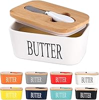 Vista 12 de Mantequillera de cerámica con tapa de madera, contenedor grande de mantequilla con esparcidor de cuchillo de acero inoxidable, cubierta de bambú