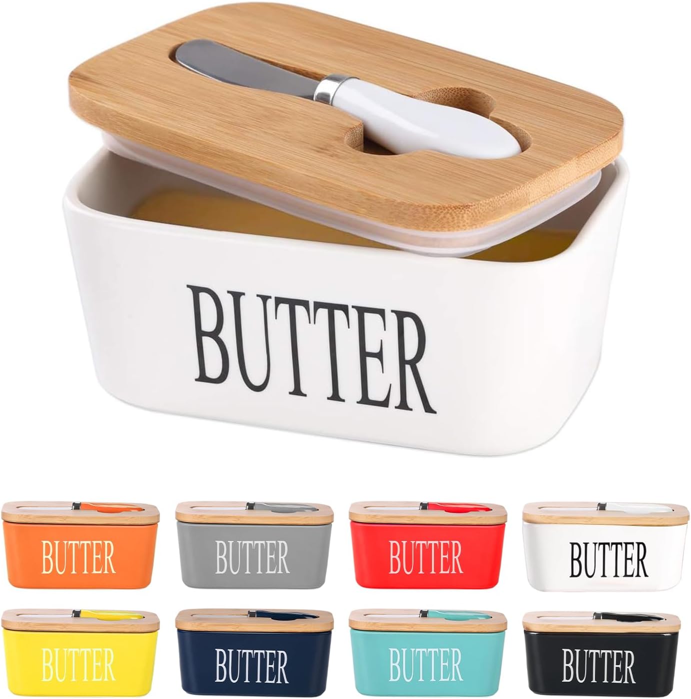 Ceramic Butter Dish with Wooden Lid, Lesige Large Butter Container Keeper Storage Plate with Steal Butter Knife, Bamboo Cover and Silicone Sealing Ring for West East Coast Butter, White