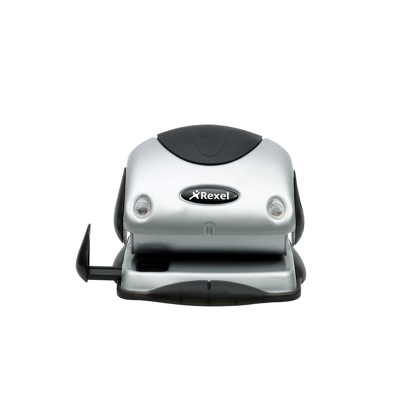 Rexel P215 2-Hole Punch, front view, silver and black