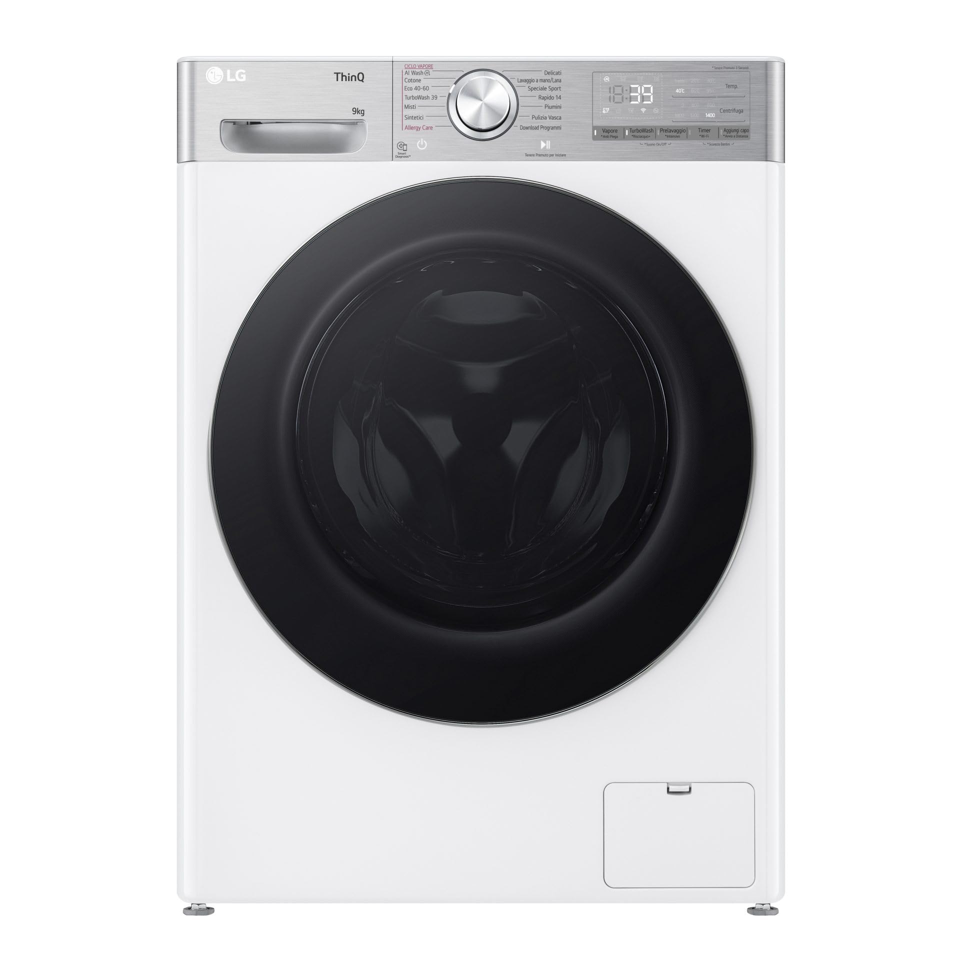 LG AI DD F4R9009TPWC Waschmaschine Klasse A -40%, Frontlader Serie R9, Waschmaschine 9kg, 1400 Umdrehungen, AI Wash, TurboWash 360, Dampfwäsche mit Knickschutz, Wi-Fi, Freistehend, Weiß