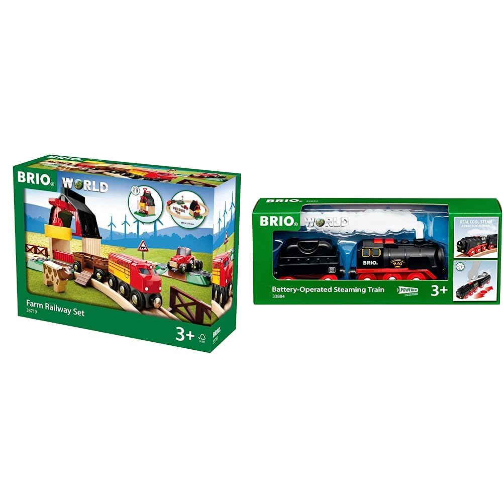 BRIO World 33719 Bahn Bauernhof Set - Holzeisenbahn mit Bauernhof & World 33884 Batterie-Dampflok mit Wassertank