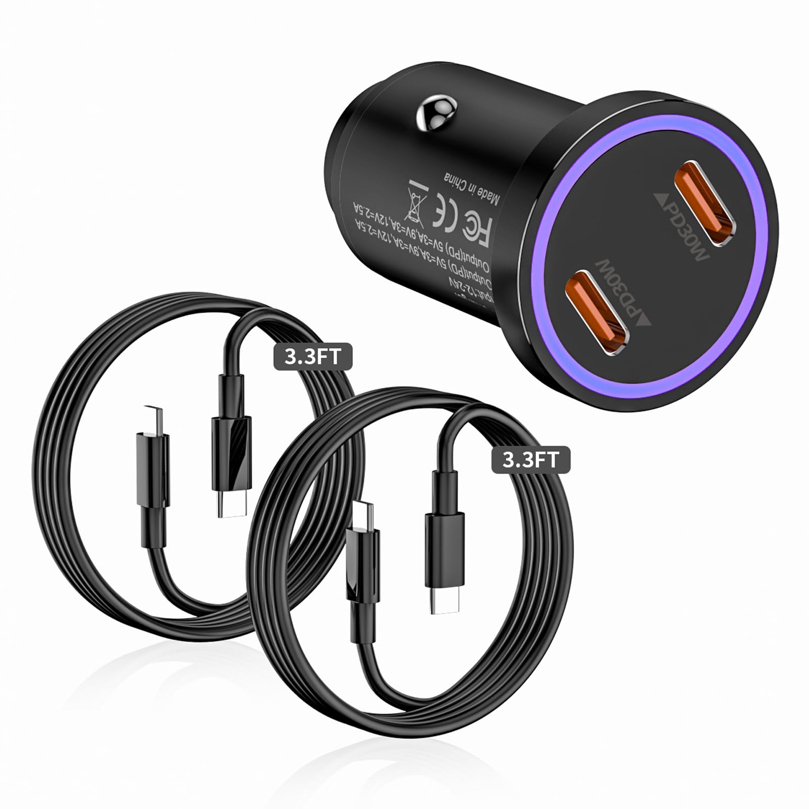 [MFi Certified] iPhone 16 15 Car Charger,60W Compact Dual Port USB C Car Charger Fast Charging Adapter with 2Pack 3.3FT Type C to Type C Cord for iPhone 16/16Plus/16Pro/16 Pro Max/15/15Pro/15 Pro Max