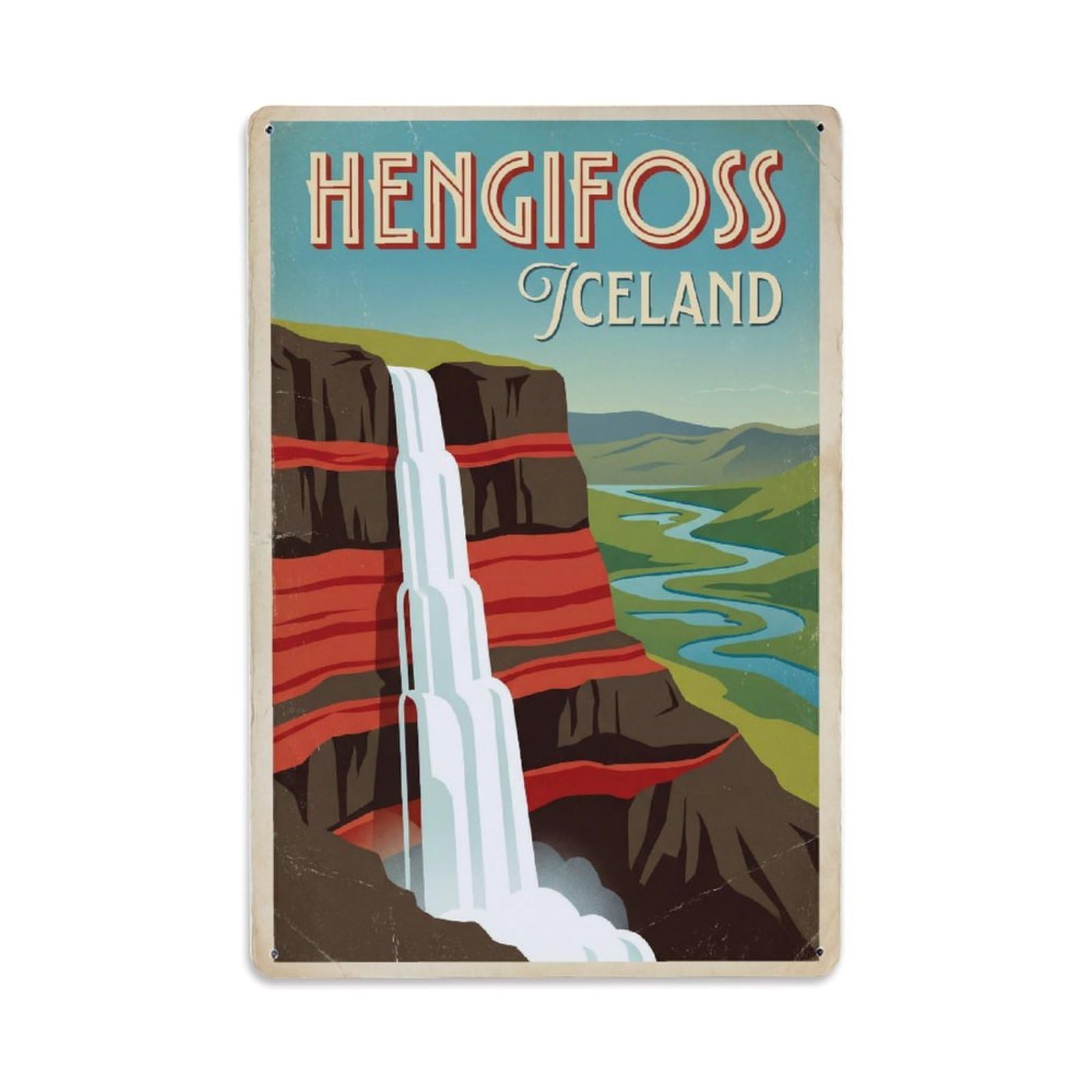 Vintage Travel Hengifoss Iceland Waterfall Metal Tin Sign