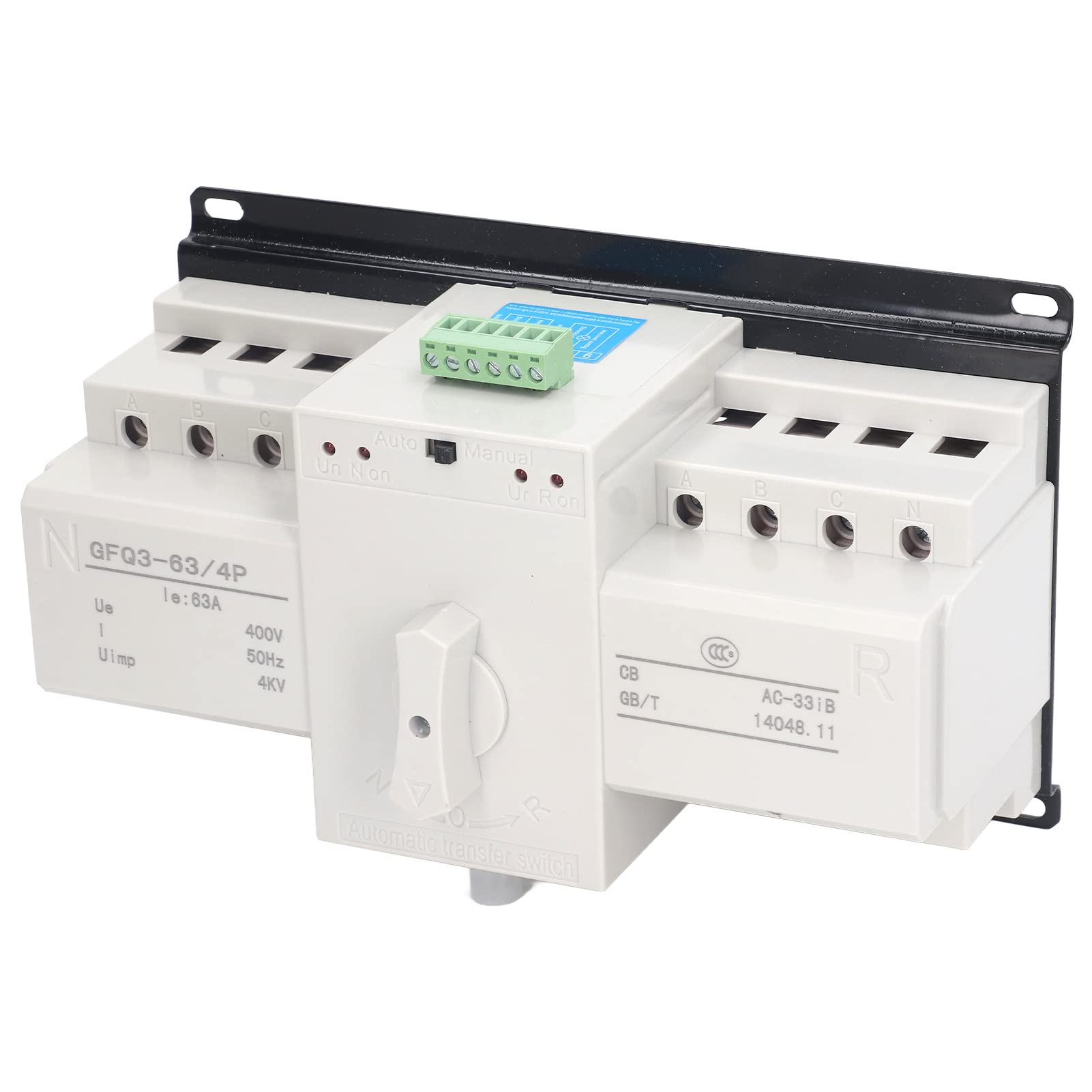 Interruptor de Transferencia Automática ATS 4P Mini, 63A, AC400V, de Alimentación Dual, Gabinete PC Ignífugo, Control Dual Manual y Automático