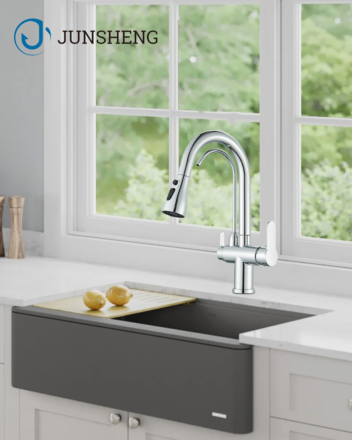 JUNSHENG - Grifo de cocina de 3 vías con filtro para el agua, grifo de cocina con ducha extraíble, giratorio 360°, 3 en 1, grifo, cromado
