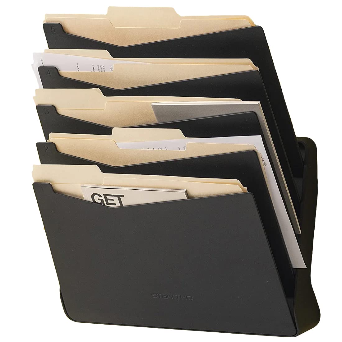 STEALTHO Wall File Holder Organizer - Office Vertical Hanging Magazine Folder Rack - 5 Pockets Letter A4 Size - Patented Boltless Assembling System - Black