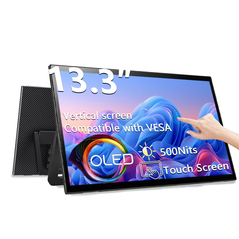 Photo 1 of 13.3" OLED Portable Touchscreen Monitor, 1080P HDR VESA 500 Nits, USB-C HDMI External Display with Stand (Vertical Monitor) & Speakers for Laptop PC Mac Android (No Touch for iPhone/iPad/Consoles)