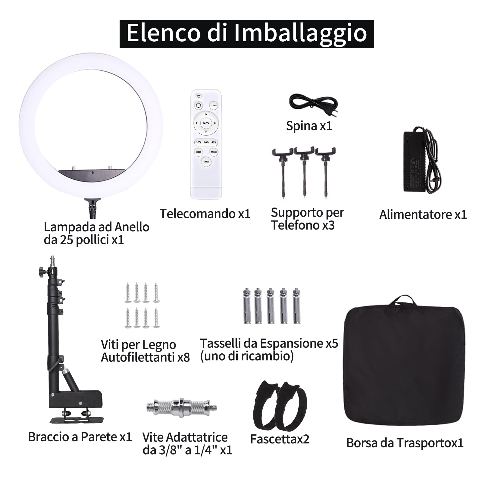 Lampada ad Anello da 25 Pollici con Supporto per Telefono, Braccio Triangolare Regolabile e Montaggio a Parete per Illuminazione Fotografica, Live Streaming, Salone, Estetica, Parrucchiere