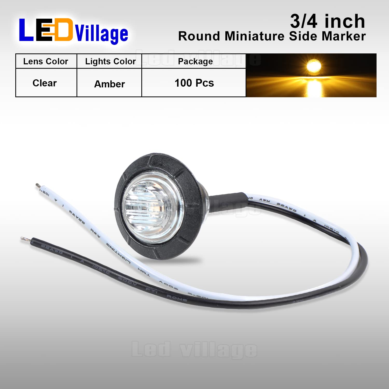 Ledvillage 100 Pcs 3/4 Inch Mini Round Clear Lens Amber LED Bullet Shape Side Marker Lights w/Grommet Trailer Truck RV Lamp Brake Turn Stop Reverse Tail Lights 12V DC