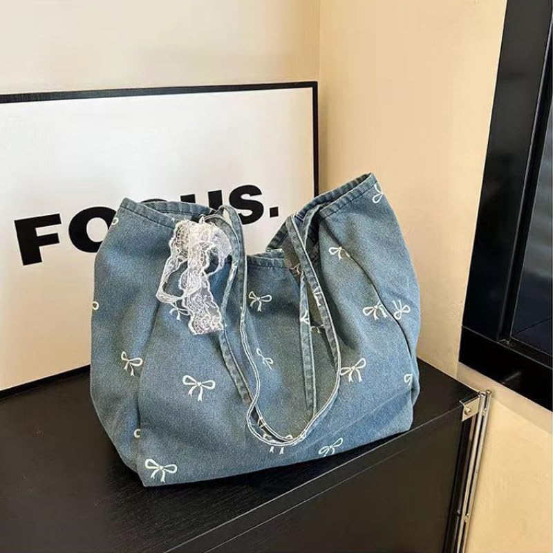 Bolso Tote grande de lona azul con moño blanco miniatura 3