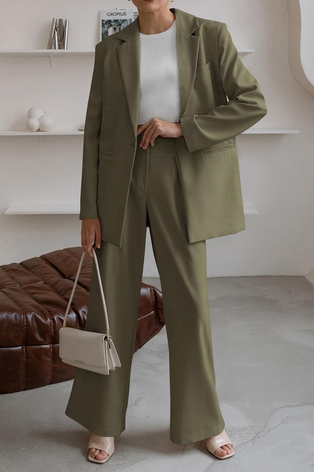 Damen Herbst Zweiteilige Outfits Blazer Jacke und Weite Hosen Taschen Business Casual Anzug Sets