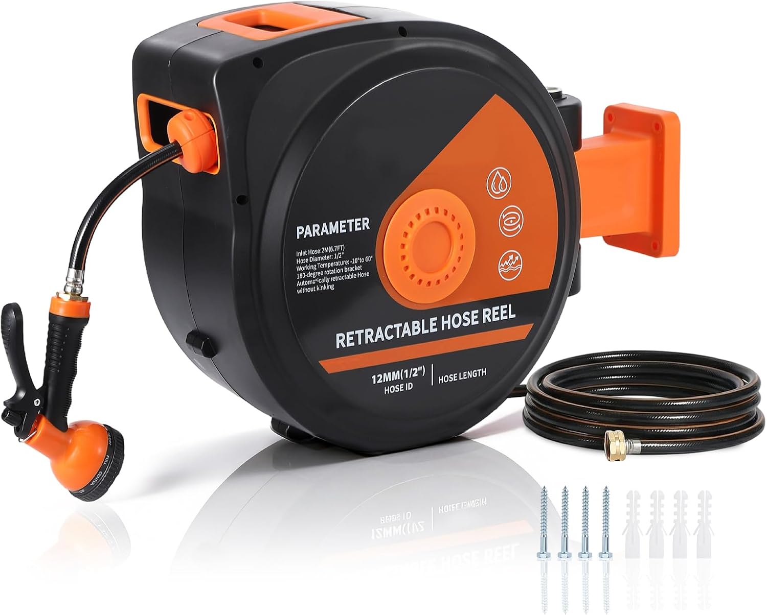 100 Ft X1/2 in Retractable Garden Hose Reel, Wall Mounted Heavy Duty Garden Hose Reel with 10 Spray Nozzle, Slow Retraction System, 180°Swivel Bracket, UV Resistant & 3-Layer Protect