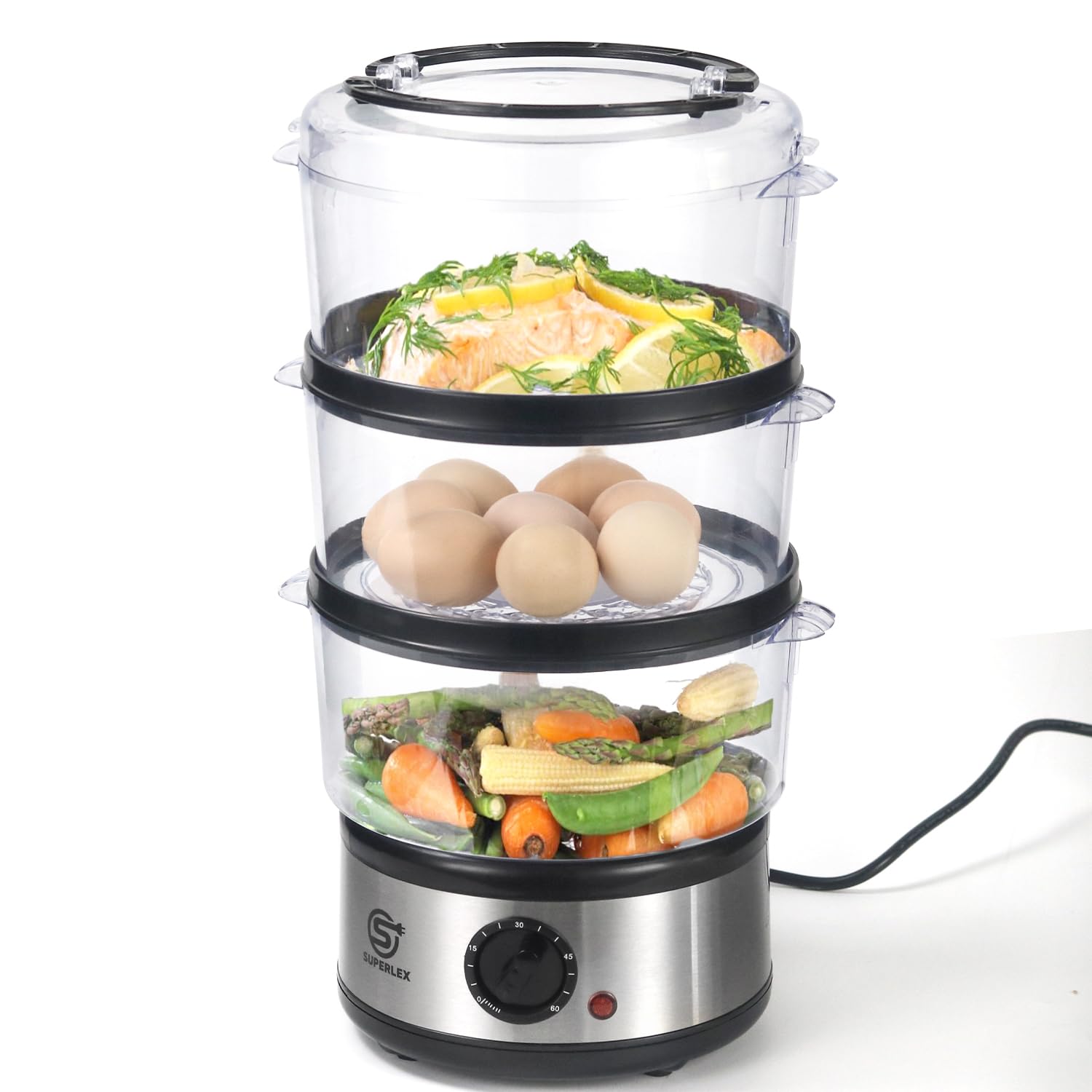 Elektrische Dampfgarer 7,5L mit 3 Behältern, 60 Min Timer, BPA-frei, spülmaschinengeeignet