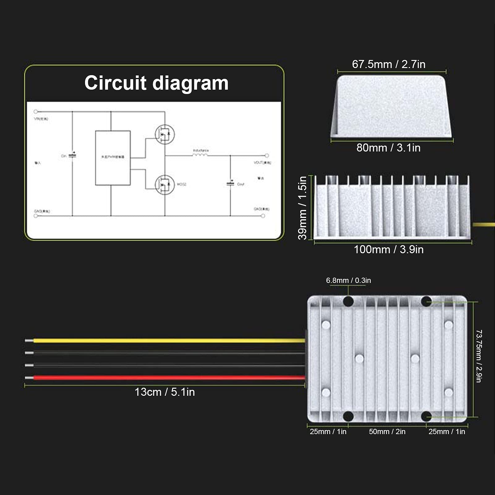 Buachois Convertitore DC/DC Riduttore Regolatore 36V/48V Step Down to DC 24V 30A 720W Convertitore Impermeabile con Porta USB Custodia Protettiva per Auto Car Truck