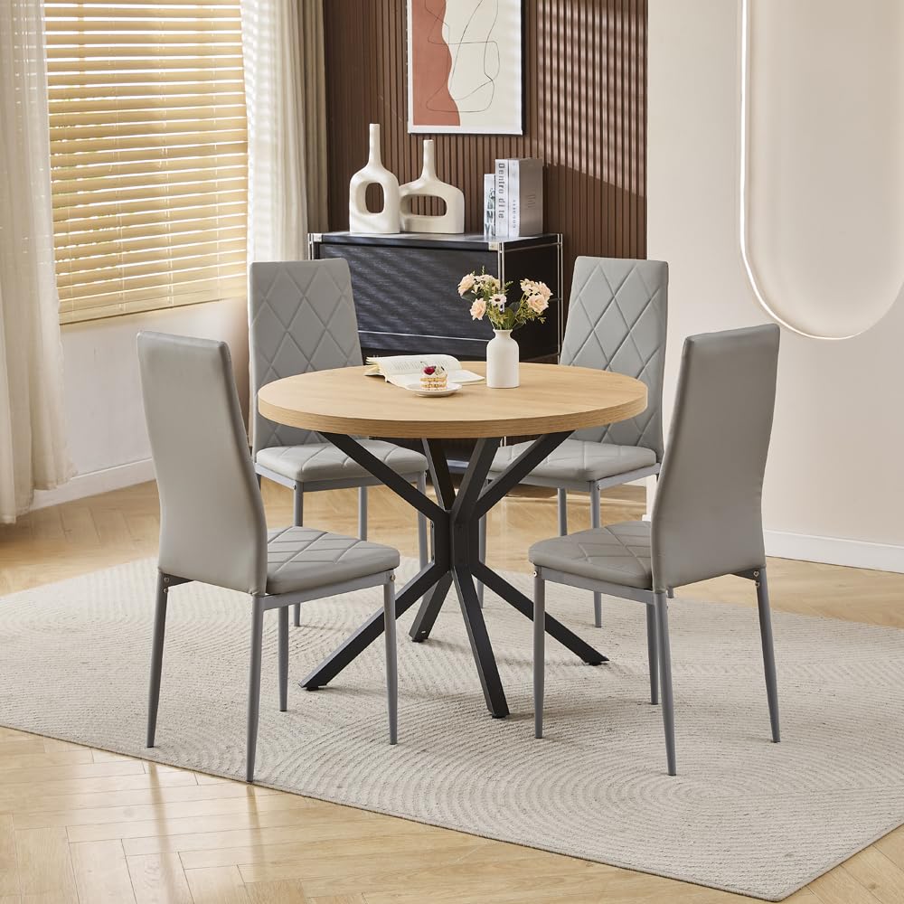Menaka Round Dining Table and Chairs Set of 4 for Kitchen Diner, 5 Pieces Oak Wood Table with 4 Chairs for Compact Dinette Restaurant (4 Argyle Grid Grey Leather Chairs#2, 95cm Oak Table#2)